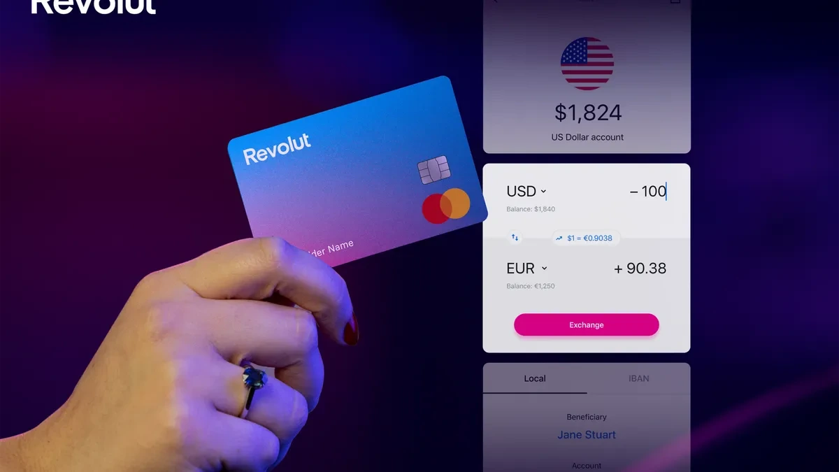 Revolut digital banking interface and mobile application displaying checking account balances and currency exchange.
