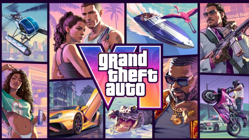Grand Theft Auto VI official key art depicting protagonists Lucia and Jason against Vice City neon skyline.