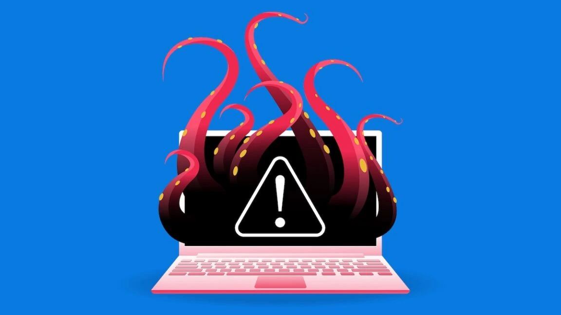 Cybersecurity concept visual showing compromised enterprise laptop firmware and malicious terminal execution alerts