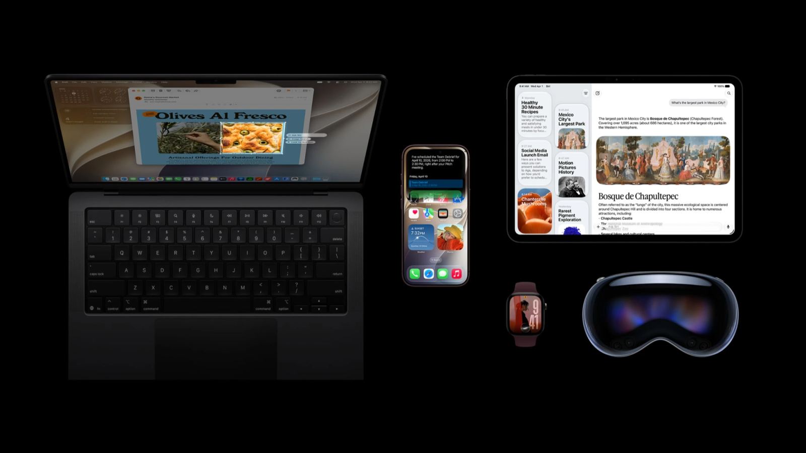 Apple operating systems lineup across iPhone, iPad, Mac, and Apple Watch hardware devices