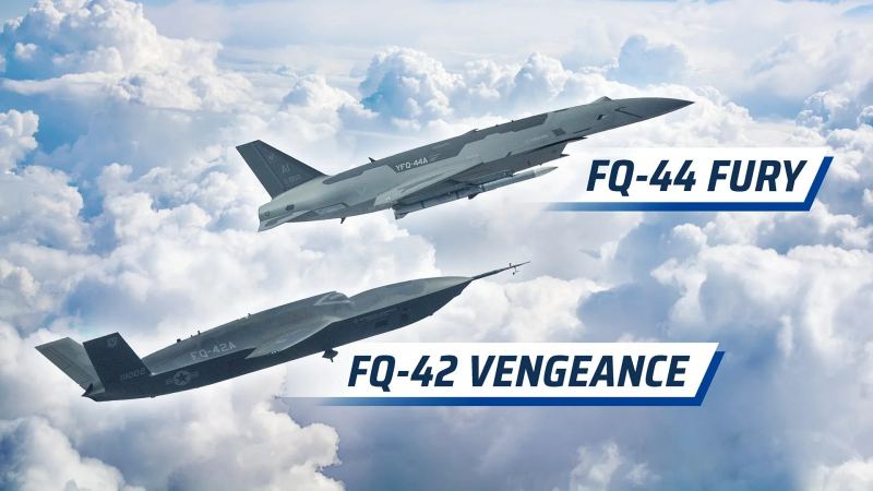 Official concept rendering showing USAF FQ-42A Vengeance and FQ-44A Fury flying in formation