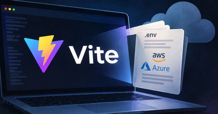 Vite logo and digital cybersecurity vulnerability graphic indicating dev server filesystem exploit.