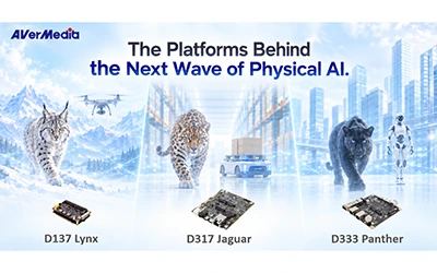 Promotional banner showcasing AVerMedia Physical AI computing platform family for autonomous drones and robotics.