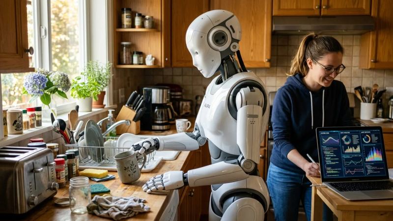 Figure humanoid robot performing zero-shot household manipulation chores in a home.