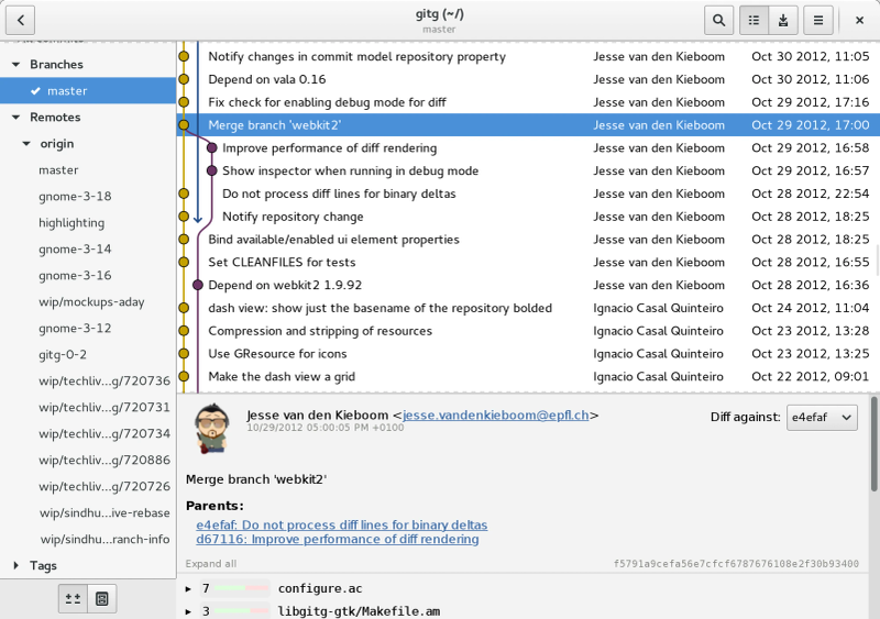 Git branch commit graph and repository tree visualization in the gitg interface