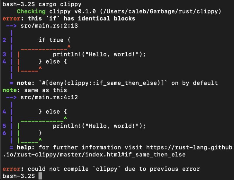 Rust compiler and linter terminal diagnostics illustrating strict compile-time borrow checking and static analysis for safe programming