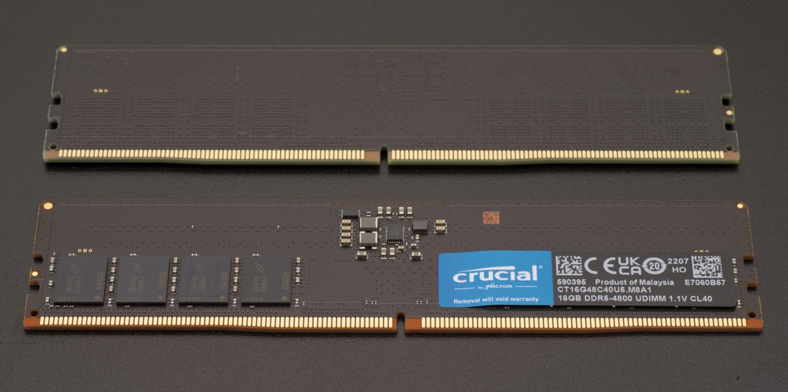 High-resolution macro photography of high-speed DDR5 SDRAM memory package showing surface pinouts and bus interface tracks