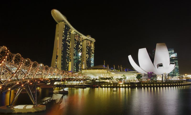 Marina Bay Sands waterfront illuminated at night representing Singapore central financial district and fintech headquarters