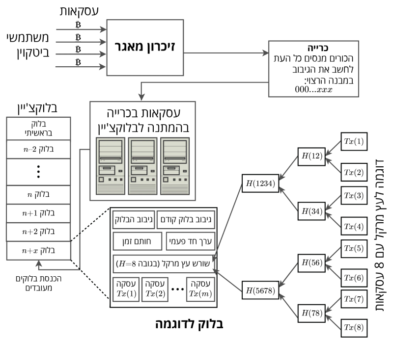 Architectural diagram of the Bitcoin blockchain structure illustrating block headers, Merkle trees, and cryptographic hash linkage