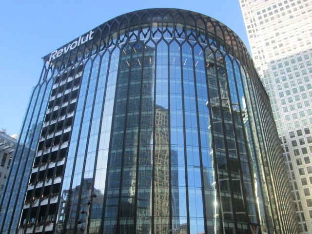 Revolut global corporate headquarters at 7 Westferry Circus in Canary Wharf London overseeing banking and payment technology operations