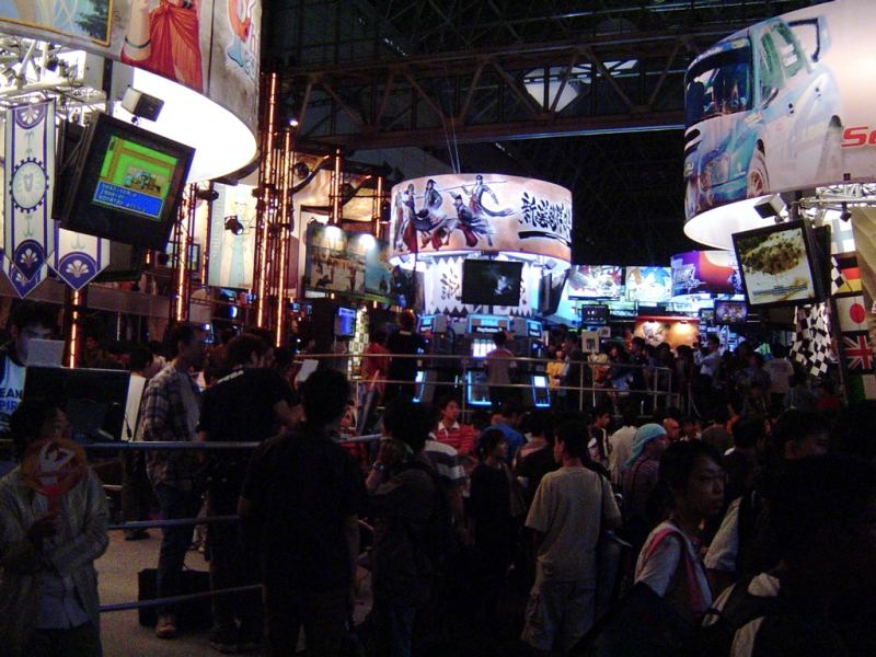 Tokyo Game Show publisher exhibition pavilion and interactive gaming showcases at Makuhari Messe convention center in Chiba Japan