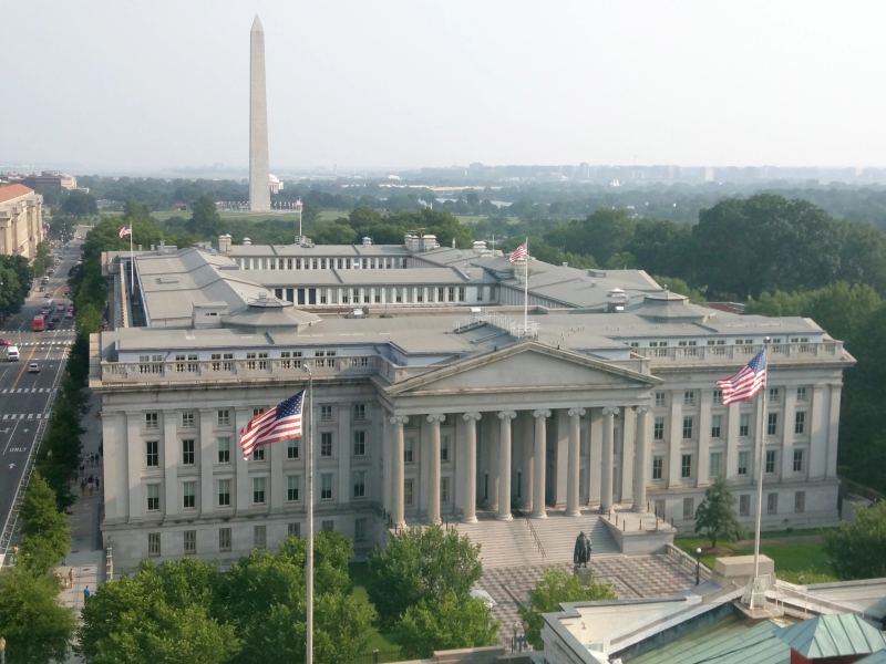 U.S. Department of the Treasury headquarters building in Washington DC, home to federal banking regulators