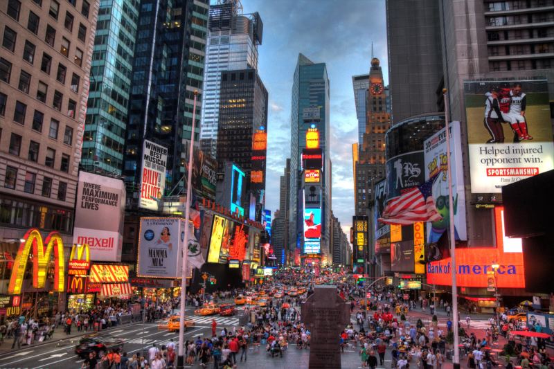 Times Square financial and digital media district where digital asset metrics and ETF products are displayed