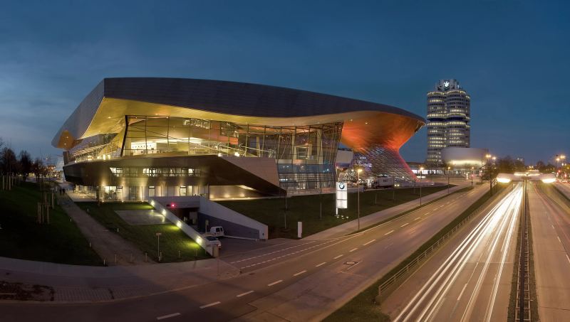 BMW Welt architectural campus in Munich illuminated at night