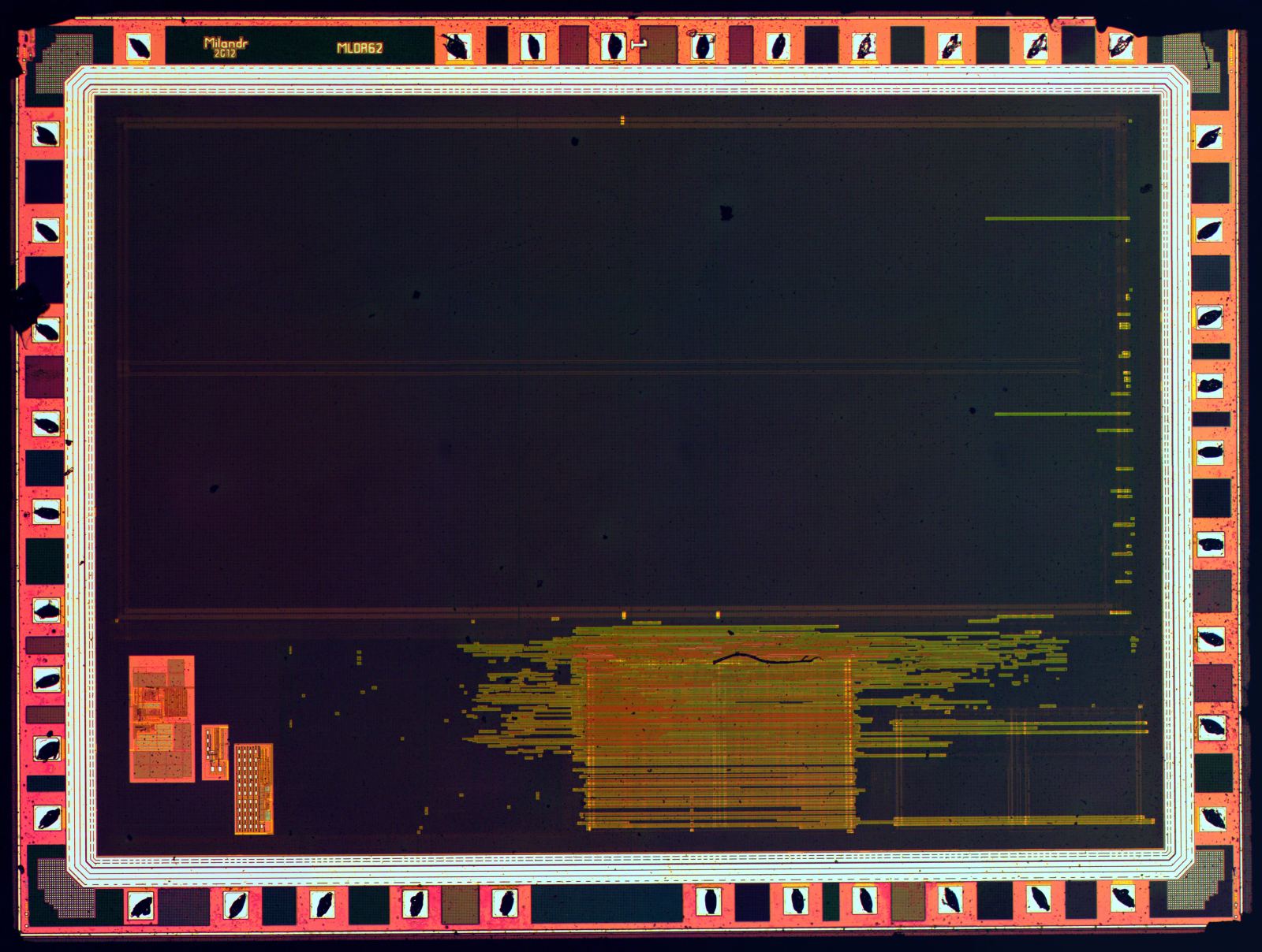 High-density integrated circuit silicon die microarchitecture showing complex multi-layer metal interconnect lines