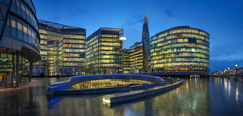 Modern commercial office architectural complex representing international software engineering headquarters.