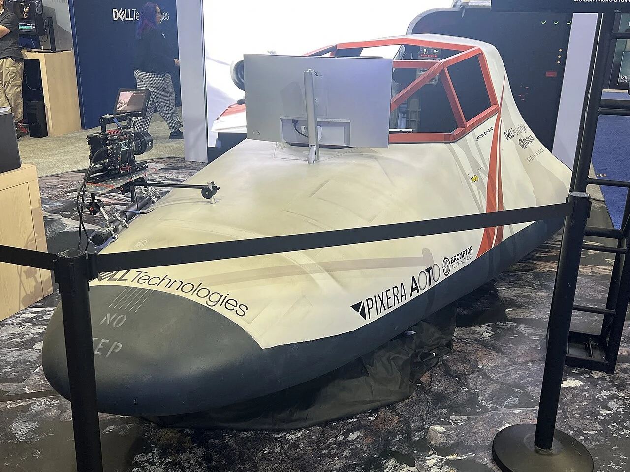Advanced tactical combat flight simulation rig and immersive cockpit display rendering aerial combat operations.