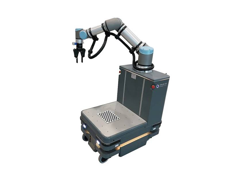 Industrial mobile manipulator robot featuring an omnidirectional base and multi-degree-of-freedom robotic manipulation arm.