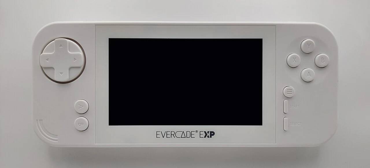 Front view of an Evercade handheld gaming device showcasing display layout, physical controls, and cartridge gaming design.