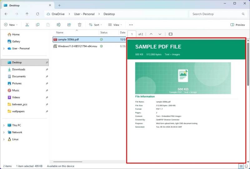 Actual Explorer screenshot illustrates inherited PDF-preview behavior in the cumulative usability changes.