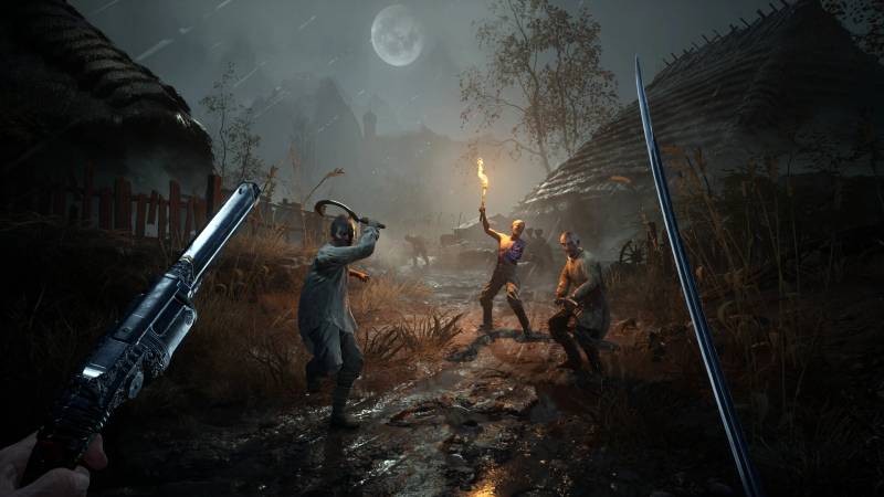 Official moonlit encounter screenshot shows the first-person blade and enemies in the actual game.