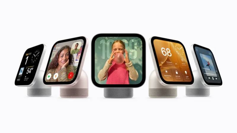 The official product lineup photograph showing Apple HomeView in tabletop and wall-mounted form factors.