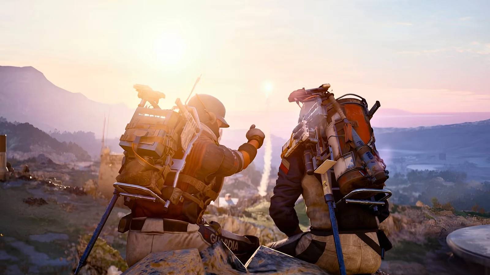 Action key visual showcasing human raiders teaming up to combat hostile autonomous ARC machines across post-apocalyptic terrain.