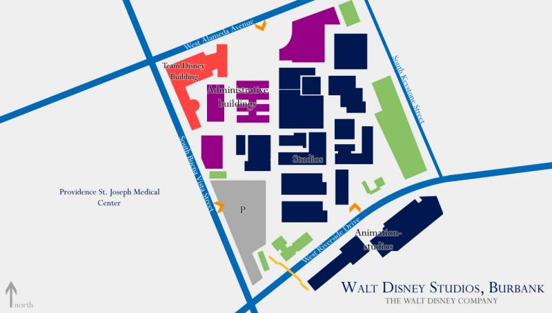Aerial overview of the Walt Disney Studios campus in Burbank, California, representing Disney's corporate bidding entity.
