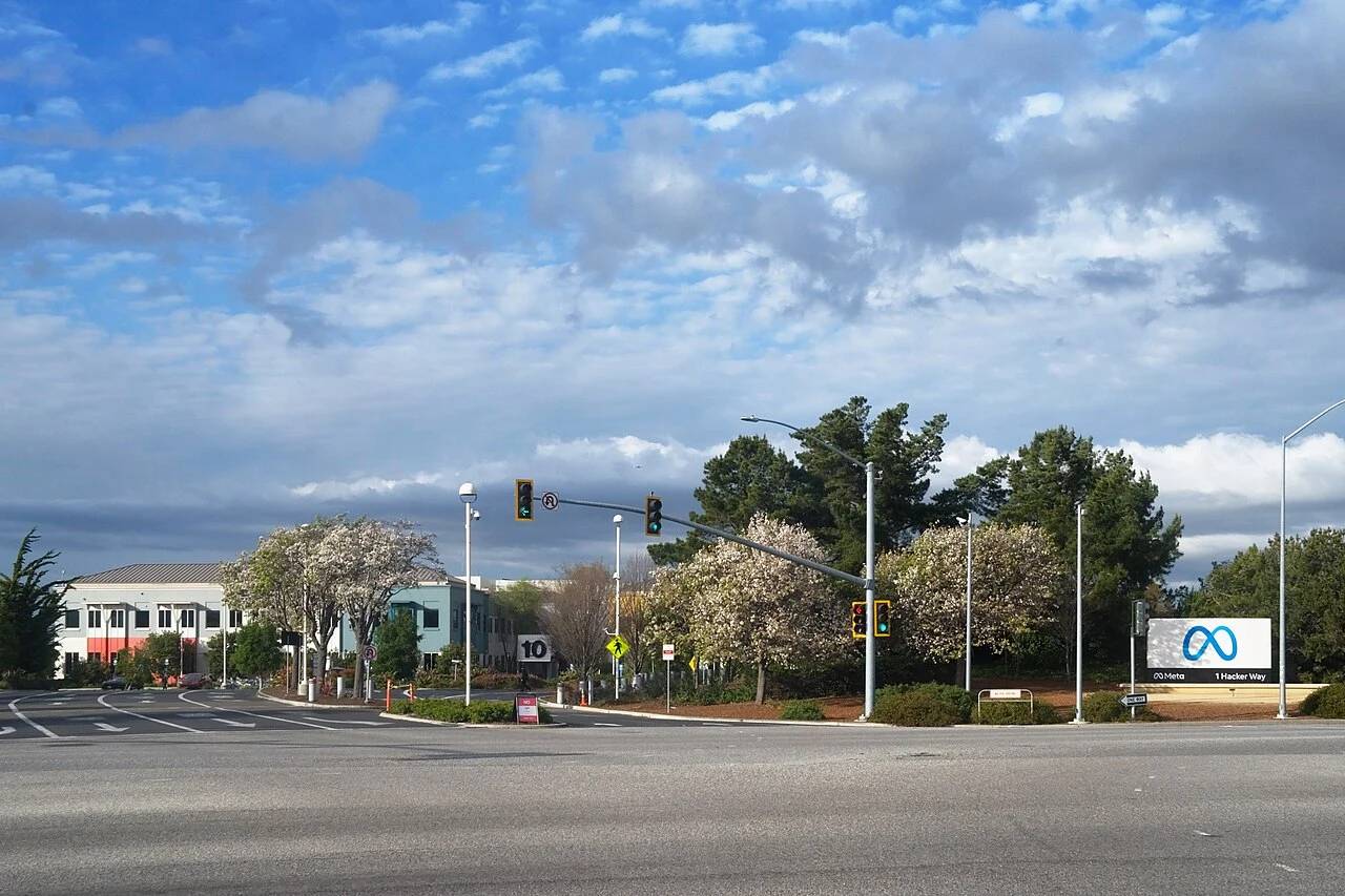 Exterior corporate signage and headquarters campus of Meta Platforms in Menlo Park California.