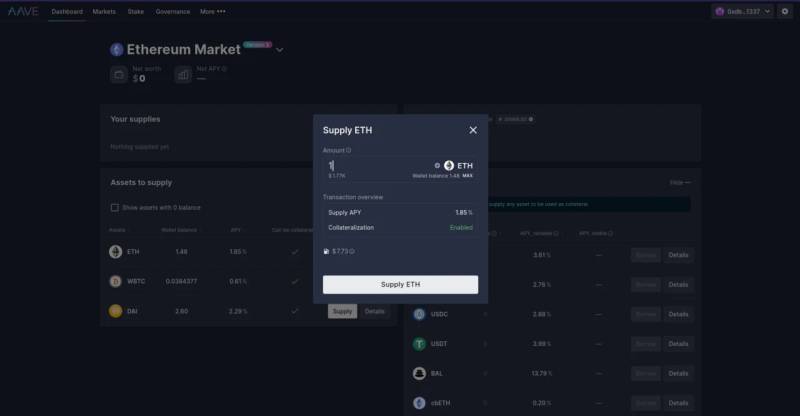 Decentralized lending and liquidity interface of Aave Protocol showing borrow and supply markets across layer-1 and layer-2 networks.