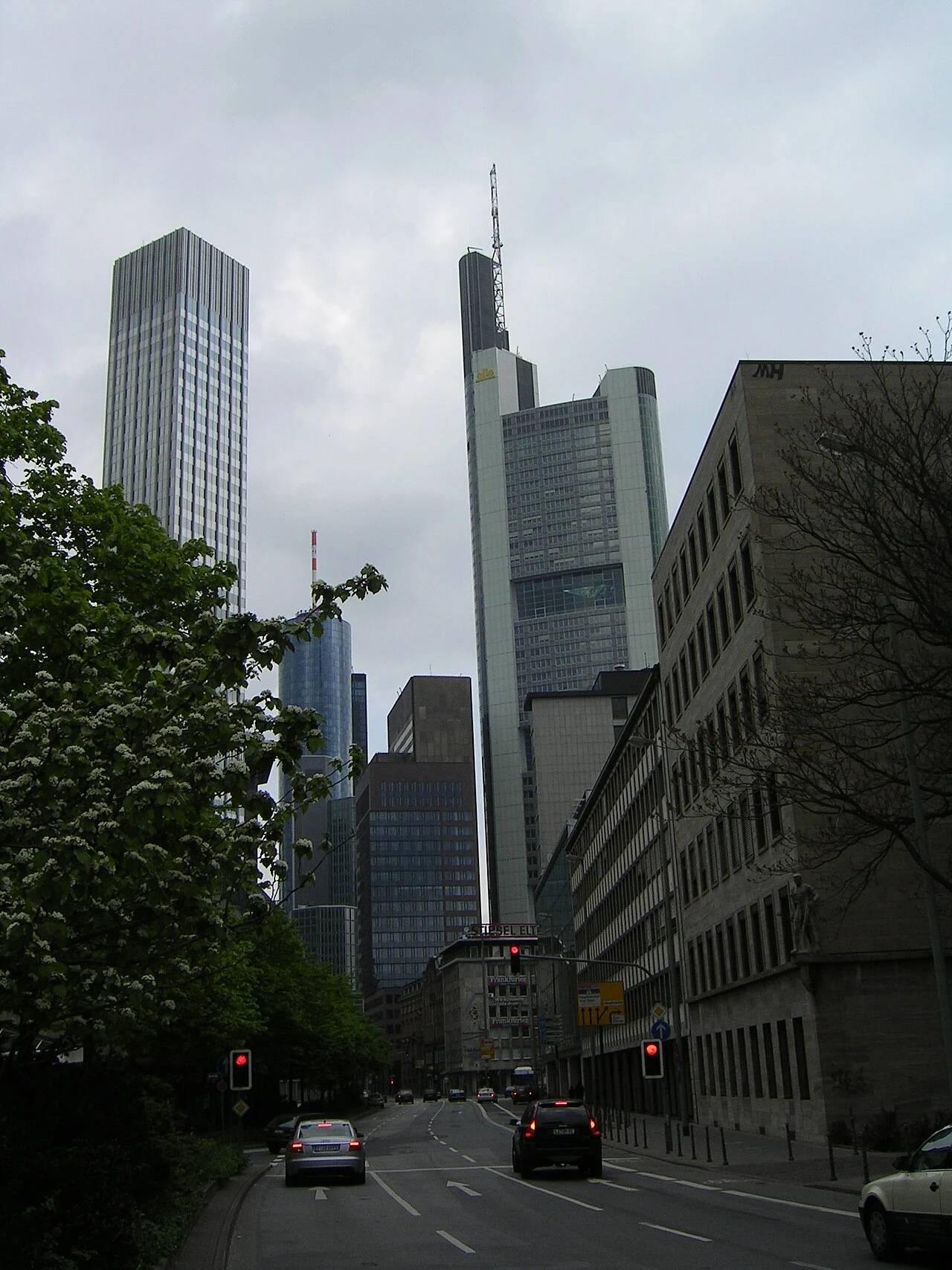 Financial center skyline in Frankfurt Germany housing European clearing institutions and SEPA Instant settlement hubs.