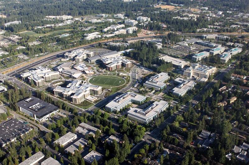Aerial view of Microsoft research and cloud development headquarters in Redmond, Washington, home of Azure AI development.
