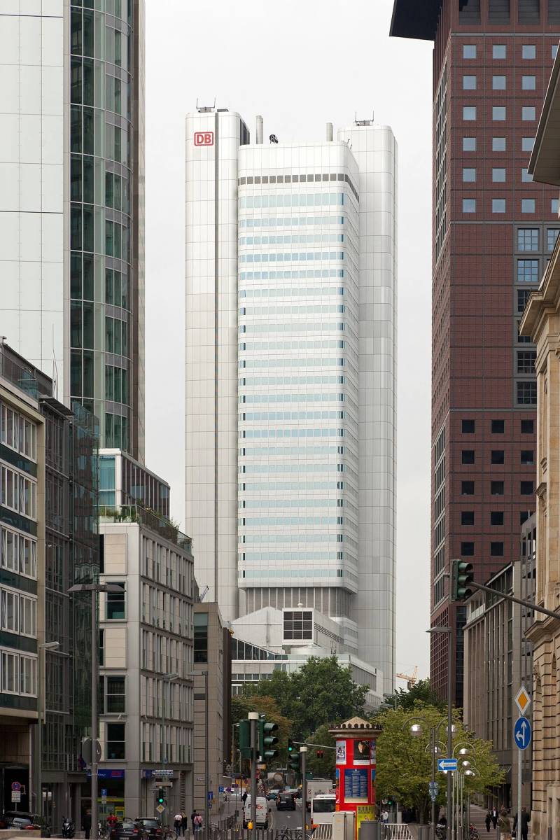 Prominent banking tower in the Frankfurt financial district housing major European clearing and corporate treasury institutions.