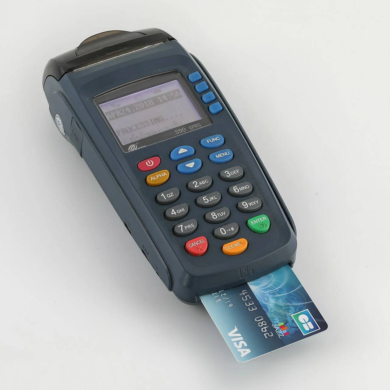 Retail merchant contactless payment card terminal processing instant electronic payments and decentralized digital balance transactions.