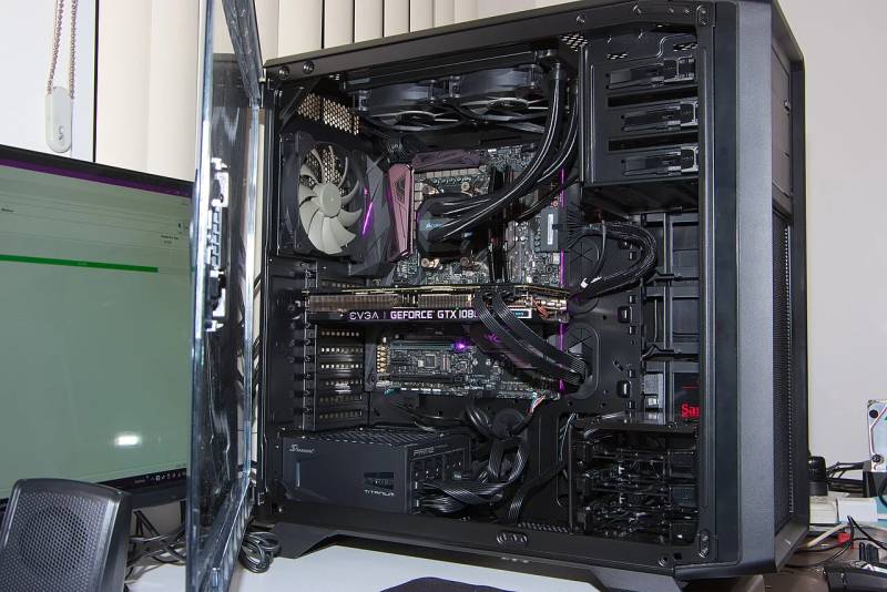 High-end personal computer gaming rig equipped with performance graphics hardware capable of real-time ray tracing and complex game physics.