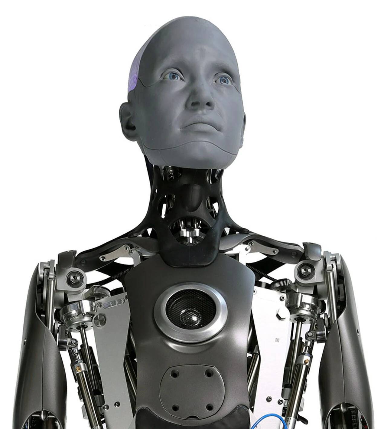 Advanced humanoid robot torso and head showing articulated mechanical actuation and physical AI embodiments.