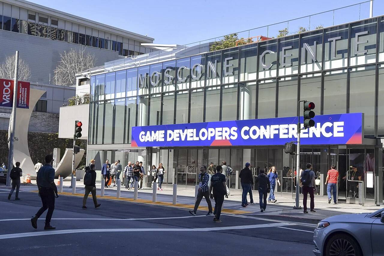 Game Developers Conference entrance at Moscone Center hosting interactive engine demonstrations
