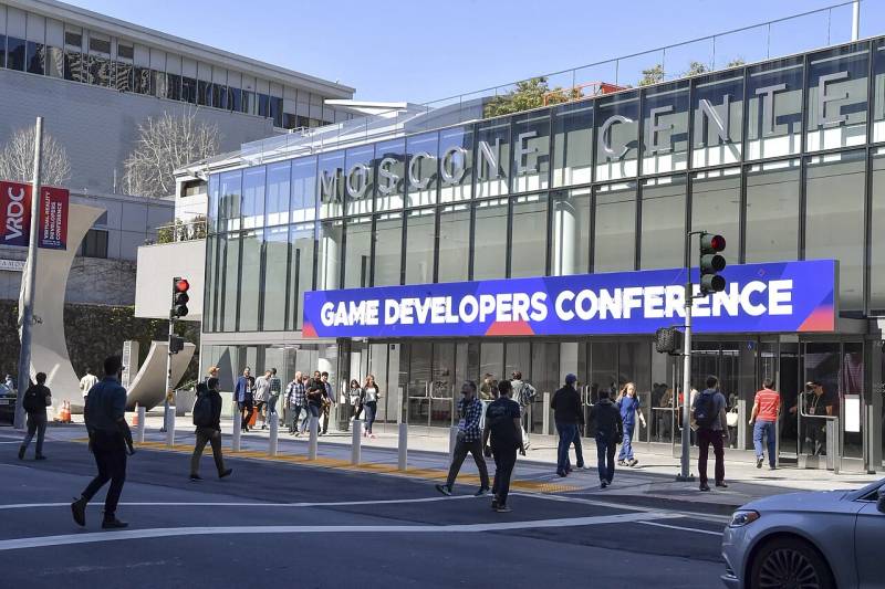 Game Developers Conference entrance at Moscone Center hosting interactive engine demonstrations