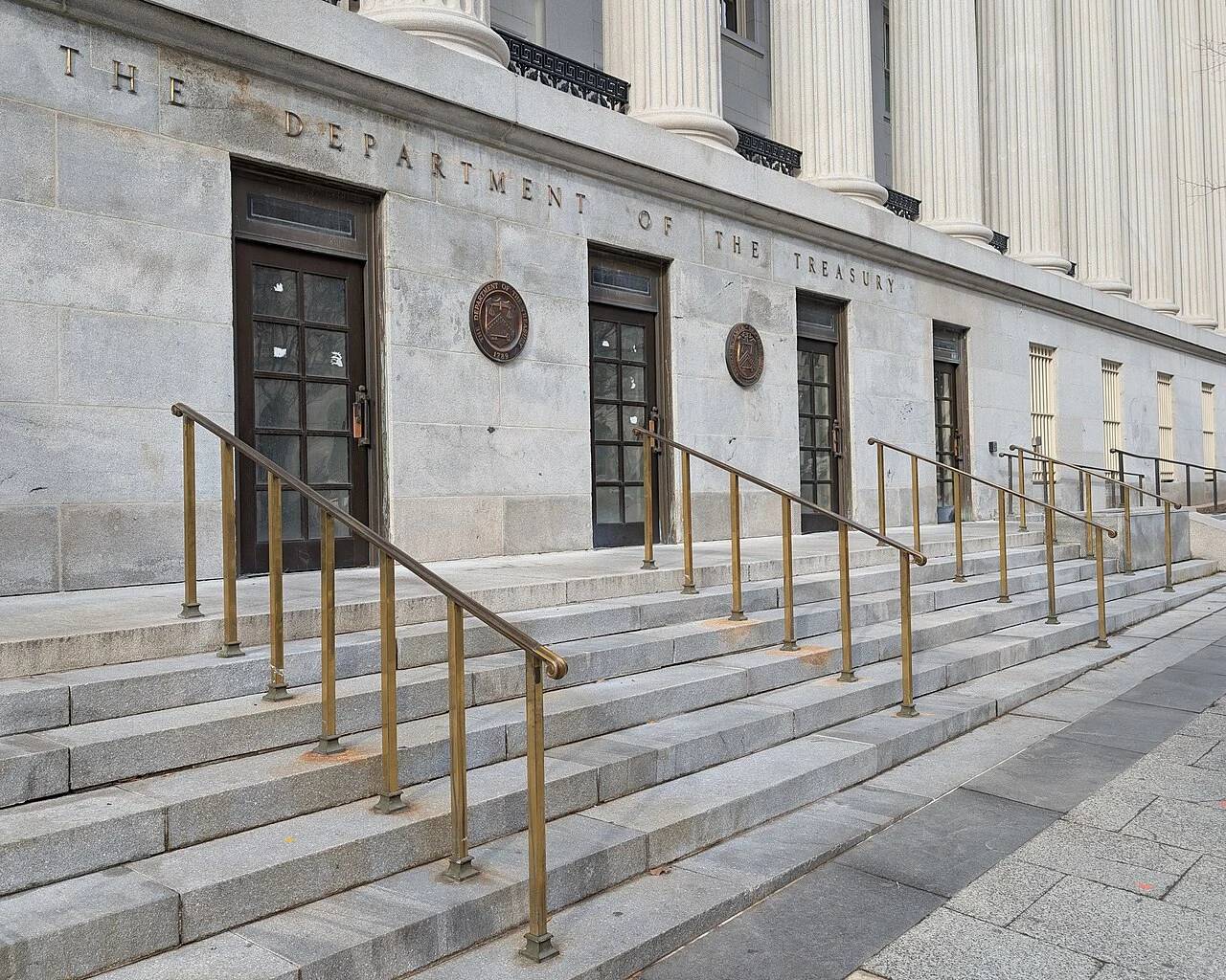 Official Department of the Treasury signage in Washington DC establishing federal outbound investment oversight over national security technologies.